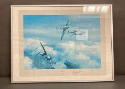 A print of a Hawker Hurricane by Robert Taylor signed by the World war two pilot wing commander R.