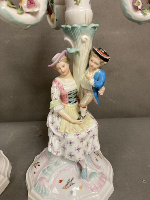 A pair of Sitzendorf porcelain three arm candlesticks with flowers and figures - Image 3 of 8