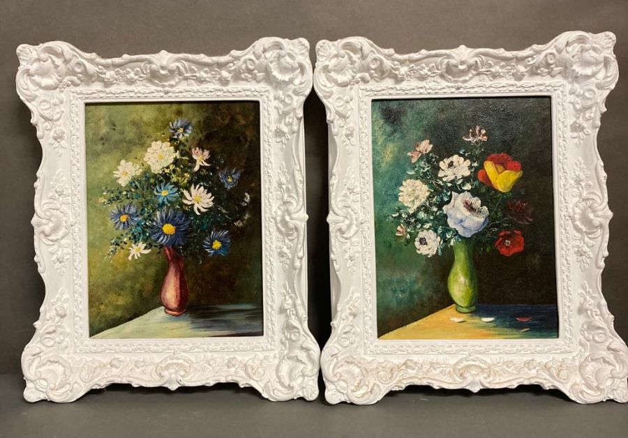 Two oil on board of flowers in still life (28cm x 38cm)