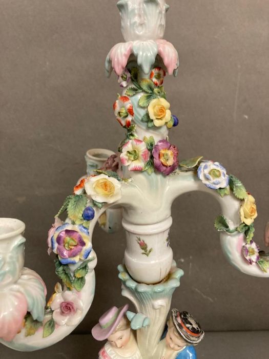 A pair of Sitzendorf porcelain three arm candlesticks with flowers and figures - Image 2 of 8