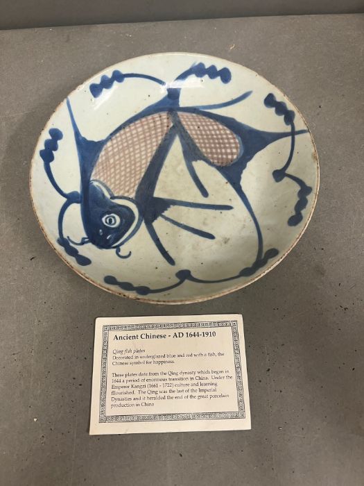 A Quin fish plate decorated in under glazed blue and red