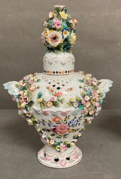 A pair of Sitzendorf porcelain lidded vases with floral decoration H25cm - Image 2 of 5