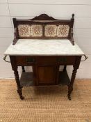 A Victorian mahogany wash stand with tiled back and marble top along with brass rails AF (84cm x