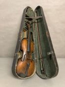 An antique violin in case (Missing strings) along with a violin bow marked Dodd for John Dodd of