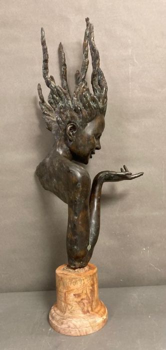 A bronze Art Nouvea style bust of a water Nymph with marble plinth, signed J Prince (H83cm with - Image 3 of 10