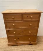A pine two over three chest of drawers (H102cm W90cm D45cm)