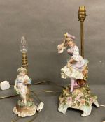 Two German porcelain figural table lamps in the manner of Dresden, a young girl and posing lady AF