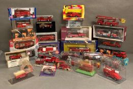 A large selection of various Diecast and plastic fire engines to include Matchbox, Corgi and Siku