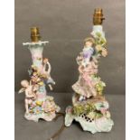 Two Sitzendorf figural fine porcelain table lamps musical cherubs and a aghast lady