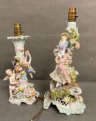 Two Sitzendorf figural fine porcelain table lamps musical cherubs and a aghast lady