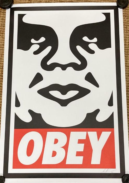 A Shepard Fairey "Obey" classic icon poster of Andre the giant signed bottom right. 61cm x 91cm