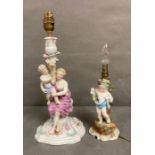 Two fine porcelain figural table lamps in the Dresden manner, mother and child and a baby with fruit