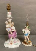 Two fine porcelain figural table lamps in the Dresden manner, mother and child and a baby with fruit