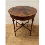 A mahogany occasional table with inlaid top tapering legs jointed by stretchers (H74cm Dia66cm)