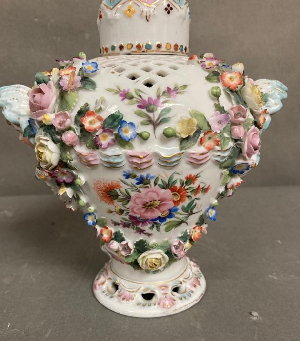 A pair of Sitzendorf porcelain lidded vases with floral decoration H25cm - Image 3 of 5