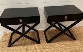 A pair of black contemporary bedsides on cross stretchers and chrome handles (H57cm W55cm D35cm)