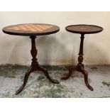Two side tables on tripod legs, one with inlaid game board