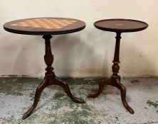 Two side tables on tripod legs, one with inlaid game board