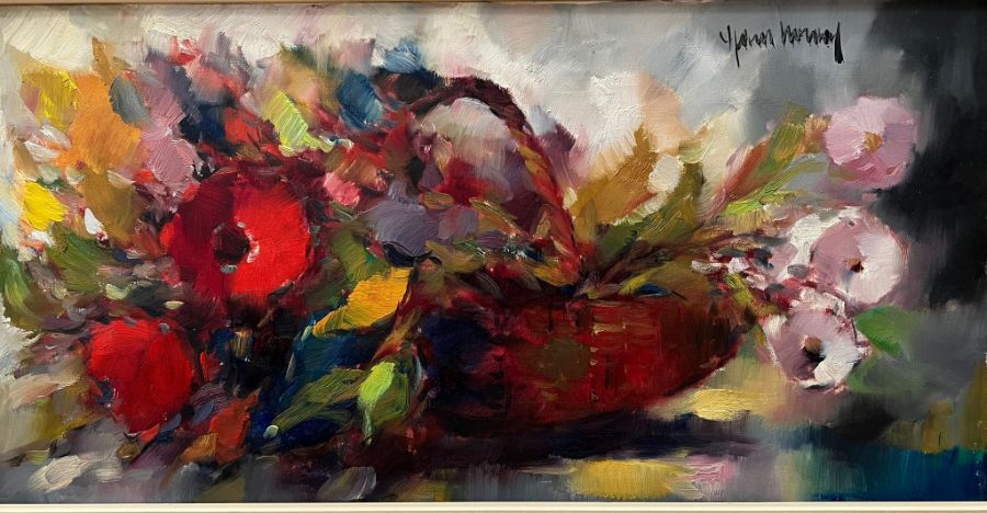 A floral still life on canvas signed top right 80cm x 40cm - Image 4 of 4