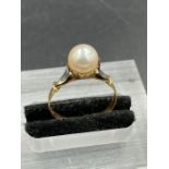 A single cultured pearl ring assessed as Akoya, measuring approx 7.5mm diameter, yellow D section