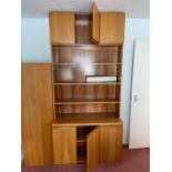A Mid Century three cupboard top and bottom with shelves in-between wall unit (H233cm W110cm D45cm)