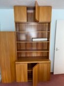 A Mid Century three cupboard top and bottom with shelves in-between wall unit (H233cm W110cm D45cm)