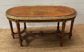 A gilt French side table with leather top (H51cm W97cm D42cm)