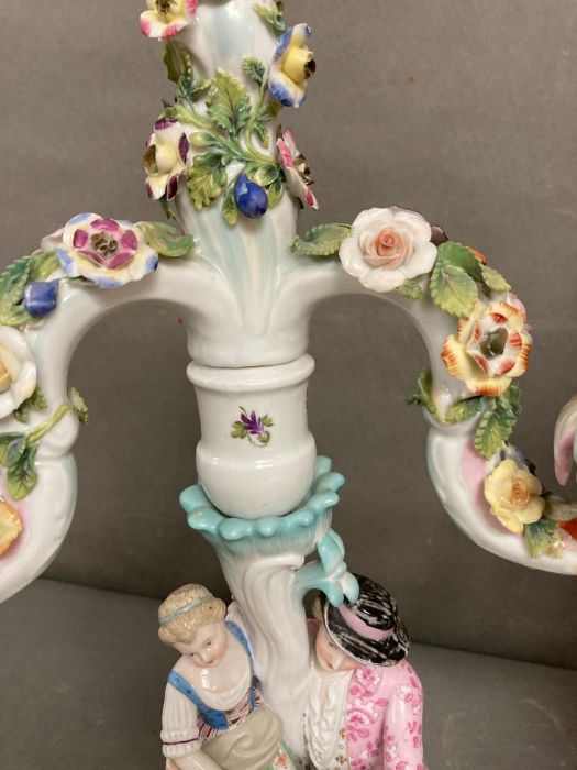 A pair of Sitzendorf porcelain three arm candlesticks with flowers and figures - Image 4 of 8