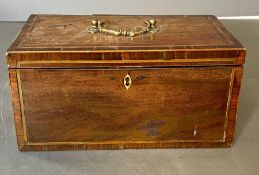 A Georgian tea caddy with string inlay and brass handle and metal caddy inside