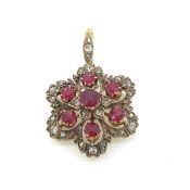 Vintage ruby and diamond flower pendant - natural rubies