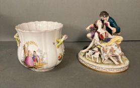 Two items of porcelain in the manner of Dresden, a small hand painted planter and a figure of a lady