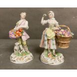 Two hand painted Dresden figurines, a gentleman with a dog and a lady with flower (H15cm)