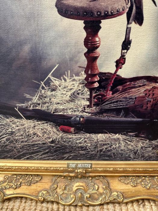 A wooden gold painted framed print on canvas of a hawk titled "The Hunter" - Image 3 of 3