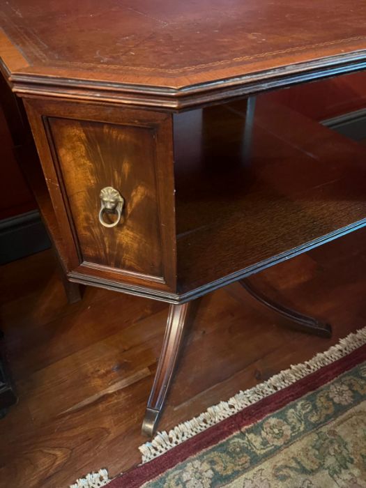 A leather top barristers side table with brass lion heads to corner (H73cm SQ63cm) - Image 2 of 4