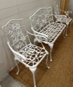 A Victorian garden style aluminum patio set, comprising of two carver chairs and a two seater bench