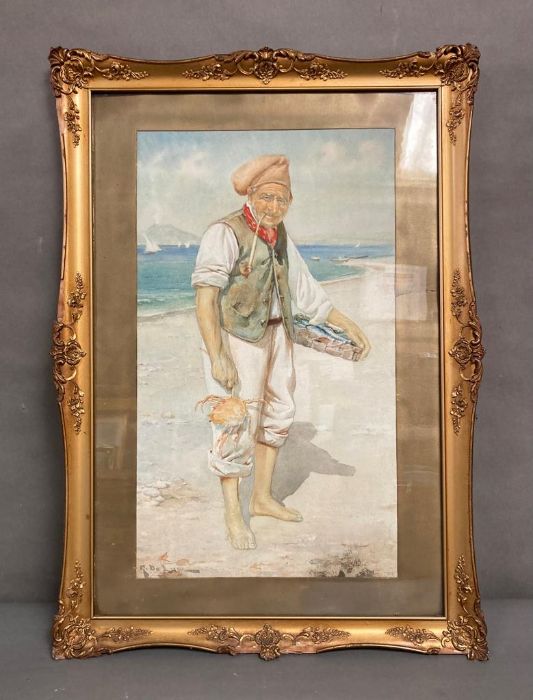 Giuliano de Luca (Italian early 19th Century) Full length portrait of a fisherman holding a crab
