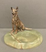 An Art Deco style green onyx trinket dish with metal German Shepherd