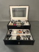 A selection of wristwatches in display case to include: Bulova, Geneva, Skmei, Infantry, 18 in