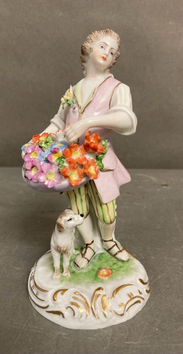 Two hand painted Dresden figurines, a gentleman with a dog and a lady with flower (H15cm) - Image 3 of 6