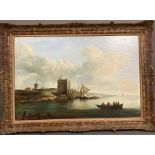 Roy Barley (After Charles Brooking) oil on board in gilt frame of a coastal scene with fort (90cm