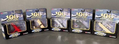 A selection of five Diecast Corgi model aeroplanes from the 100 years of flight collection