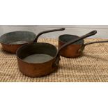 Three copper pans, one stamped Leon Jaeggi and Sons, Copper Smiths London