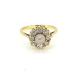 Vintage diamond cluster with a central natural pearl, 18 carat gold