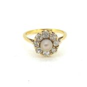 Vintage diamond cluster with a central natural pearl, 18 carat gold