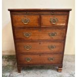 A mahogany Georgian two over three inlaid chest of drawers with brass handles on bracket feet (H61cm