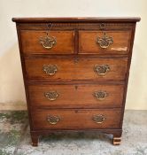 A mahogany Georgian two over three inlaid chest of drawers with brass handles on bracket feet (H61cm