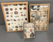 Three boxed specimens of fossils, rocks, mosaic stones and marble from Parthenon