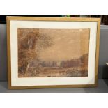 A water colour of a landscape scene of cattle drinking and lady walking by lake unsigned 50cm x 35cm
