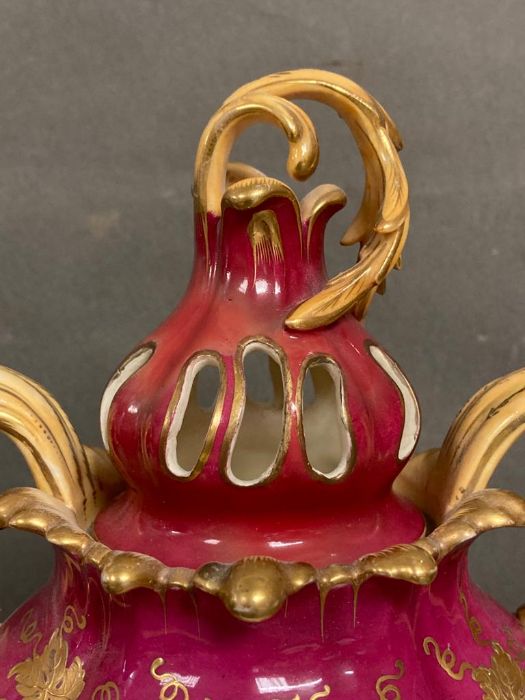 A pair of Samuel Alcock porcelain Rococo revival vases, maroon flowers and birds H30cm - Image 8 of 8