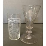 Two pieces of etched Victorian glass, an ale glass with hop and grape motif and a Dunvilles Irish